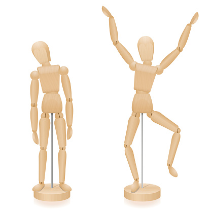 Unhappy and happy, sad and joyful wooden lay figures body language in comparison - two mannequins with typical body posture - three-dimensional isolated vector illustration on white background.