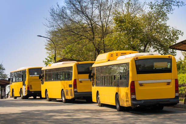 três ônibus amarelos esperando - autocarro elétrico - fotografias e filmes do acervo