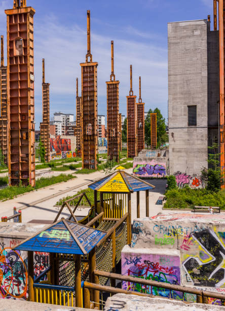 Turin, Italy, May 10, 2015. Parco Dora, a public park built on a former industrial area, preserving some structures of the old plants.