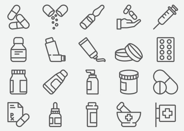 ilustrações de stock, clip art, desenhos animados e ícones de pills and pharmacy line icons - food supplement illustrations