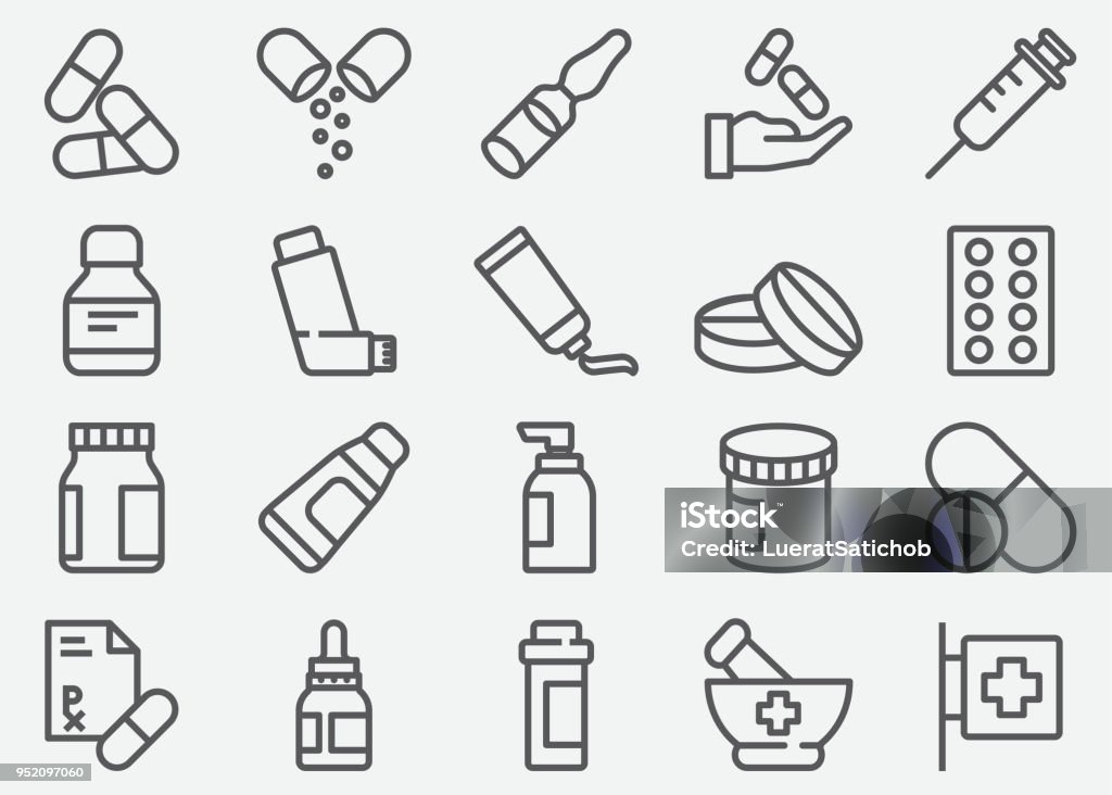 Pills and Pharmacy Line Icons Medicine stock vector