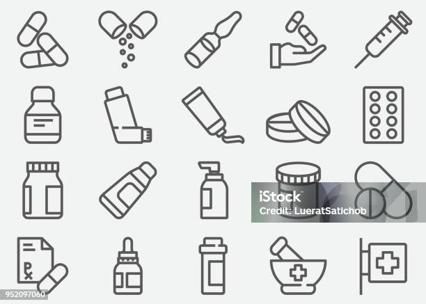 Pills And Pharmacy Line Icons Stock Illustration - Download Image Now - Medicine, Capsule - Medicine, Pill