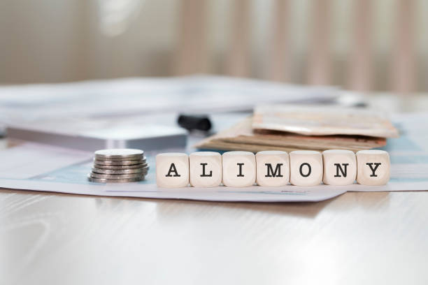 parola alimony composta da lettere di legno. - strumento di calcolo foto e immagini stock