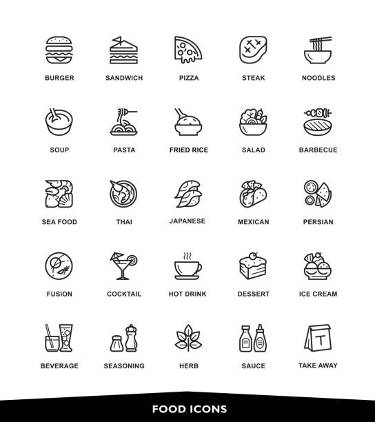 Food icons Restaurant, Food icons, vector, illustration, line, Modern Graphic barbecue meal illustrations stock illustrations