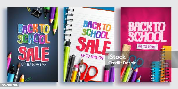 Back To School Sale Vector Poster Design Set With Colorful School Supplies Educational Items Stock Illustration - Download Image Now
