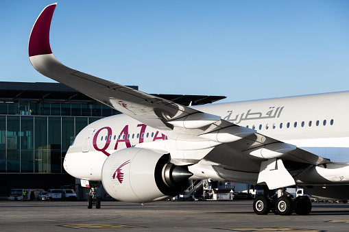 Zurich, Switzerland - April 07, 2018: Airbus A350 of Qatar Airways at Zurich Airport on a sunny day. Qatar Airways operates a hub-and-spoke network, linking over 100 international destinations from its base in Doha, using a fleet of over 200 aircraft.