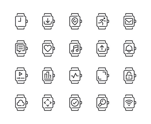 Smart Watch Feature Line Icons Smart Watch Feature Line Icons Vector EPS 10 File, Pixel Perfect Icons. smart watch stock illustrations