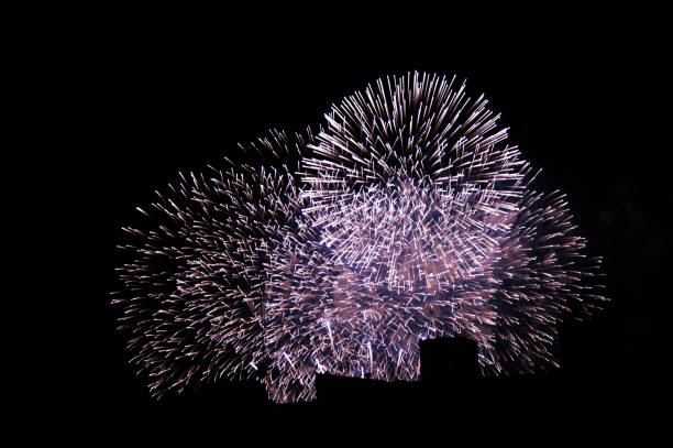 Night scene of party and joy in the city. Purple fireworks reveal the silhouettes of the buildings above the black sky.