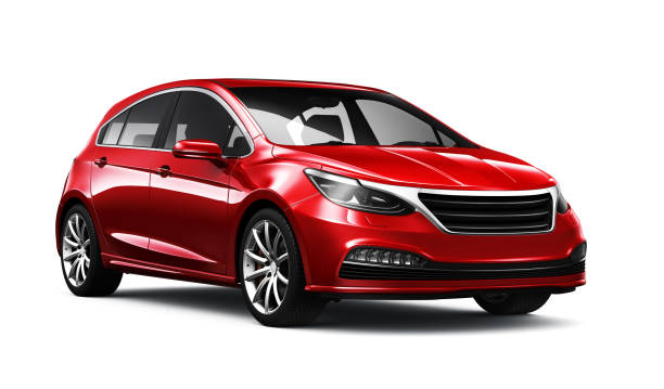 ilustración 3d de genérico coche rojo compacto - vista lateral - futuristic car color image mode of transport fotografías e imágenes de stock