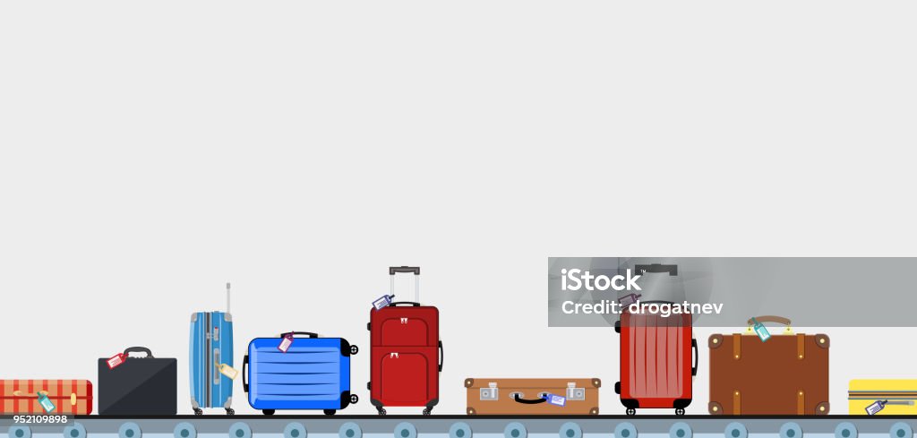 Banda transportadora de aeropuerto con bolsas de equipaje de pasajeros - arte vectorial de Viajes libre de derechos