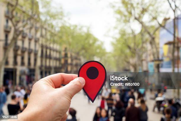 Man With A Red Marker In Las Ramblas Barcelona Stock Photo - Download Image Now - Direction, Famous Place, Map