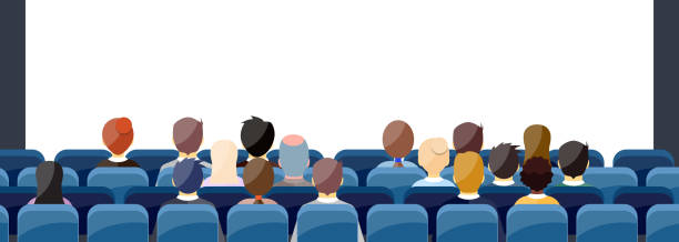 People Sit Cinema Hall People Sit Cinema Hall Back Rear View Looking Ar Screen With Copy Space. vector illustration in flat design. stage performance space illustrations stock illustrations