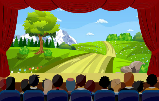 ludzie siedzący w kinie oglądający film z tyłu - crowd audience people stage theater stock illustrations