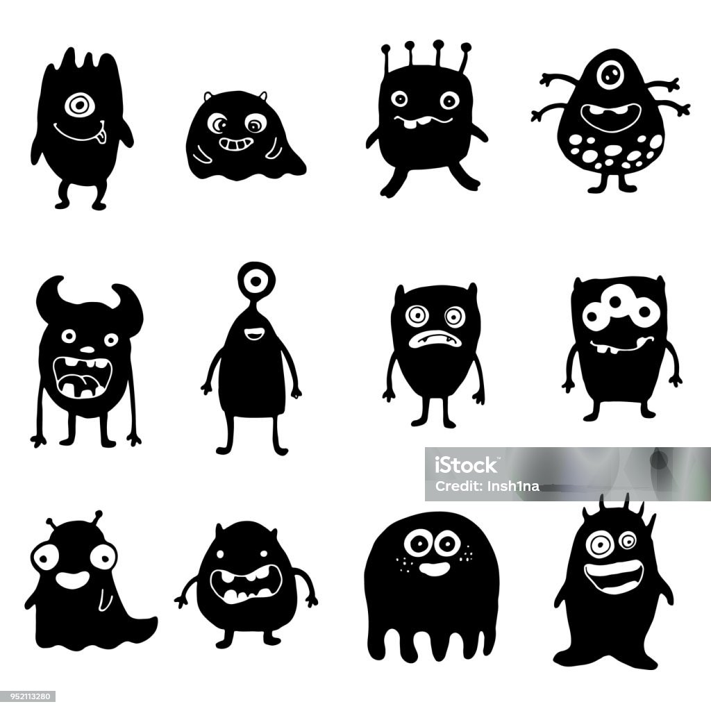 set of doodle monsters silhouette Monster - Fictional Character stock vector