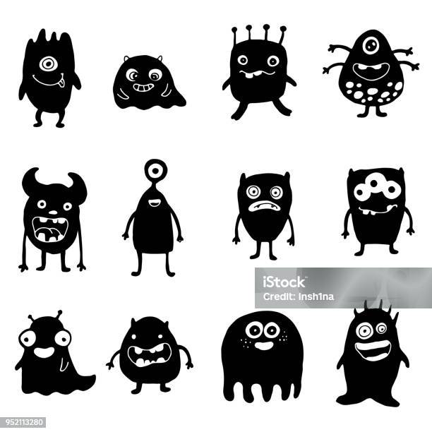 Set Of Doodle Monsters Silhouette Stock Illustration - Download Image Now - Monster - Fictional Character, Icon Symbol, Shadow