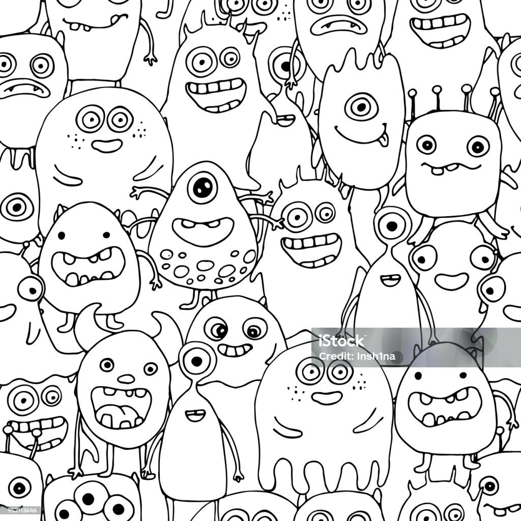 seamless pattern with doodle monsters, coloring page Coloring Book Page - Illlustration Technique stock vector