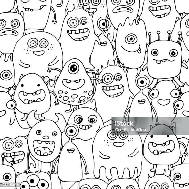 Seamless Pattern With Doodle Monsters Coloring Page Stock Illustration - Download Image Now