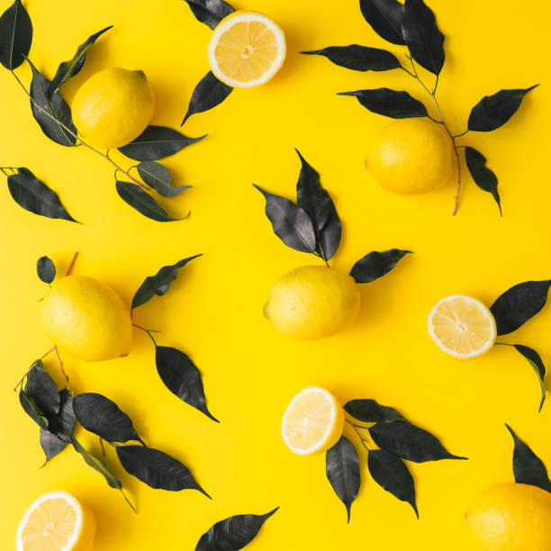 istock Creative summer pattern made of lemons and black leaves on yellow background. Fruit minimal concept. Flat lay. 952114898
