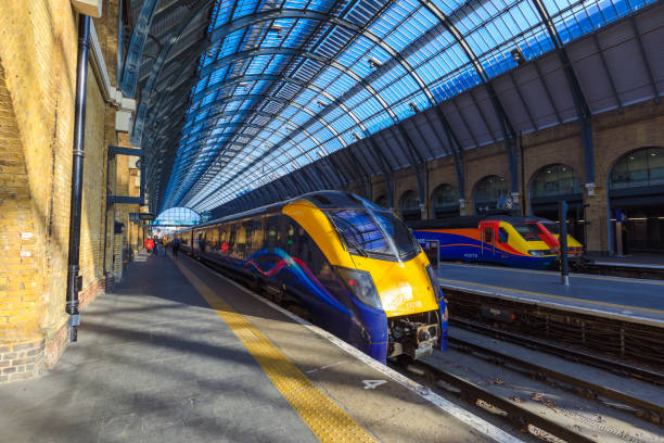 Kings Cross St Pancras railway station London, United Kingdom - Feb 24, 2018: This is Kings Cross St Pancras railway station platform where trains wait for passengers to board Eurostar stock pictures, royalty-free photos & images