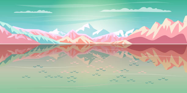 illustrazioni stock, clip art, cartoni animati e icone di tendenza di montagne rocciose riflessione paesaggio tramonto spiaggia di mare tropicale - tree reflection lake landscape