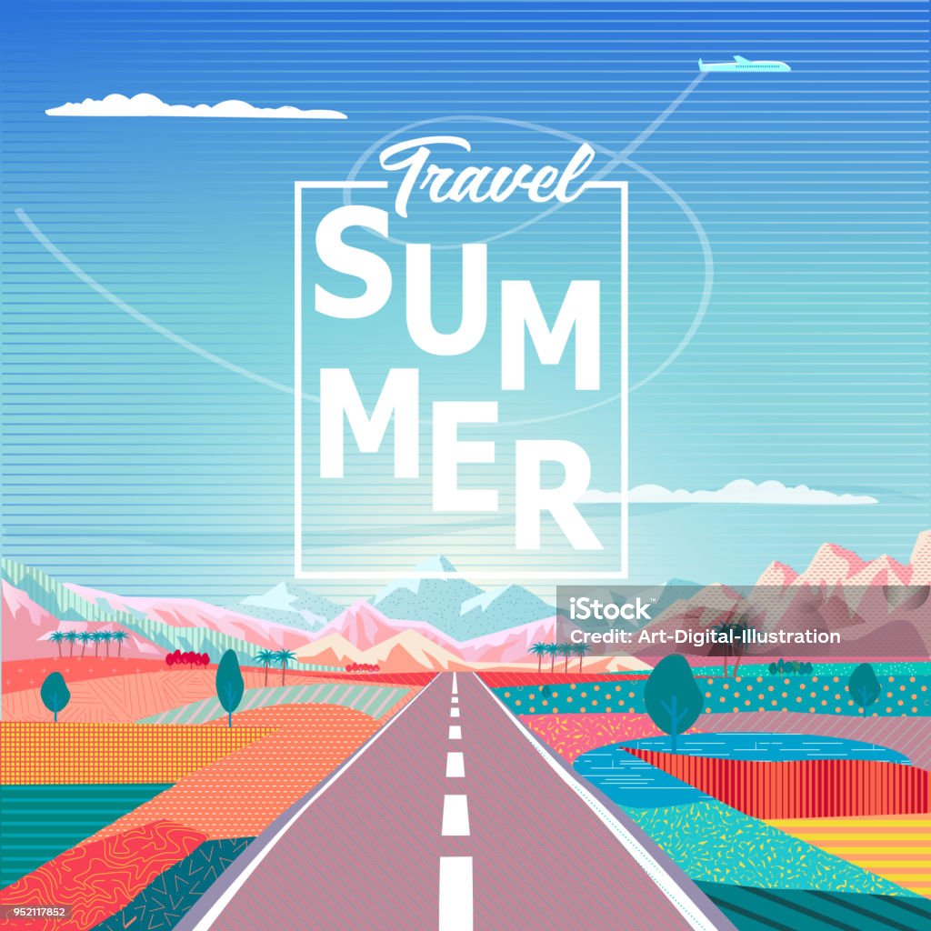 Road trip to rocky mountains exotic landscape, Summer Travel - Adventure in Nature Road trip to rocky mountains landscape. Summer Travel lettering. Rural fields, rugged mountains, airplane, campgrounds. Summer Sunny sky painting poster. Adventure in Nature, Traveling, Voyage, vector illustration, flat design Pop Art wallpaper Road Trip stock vector