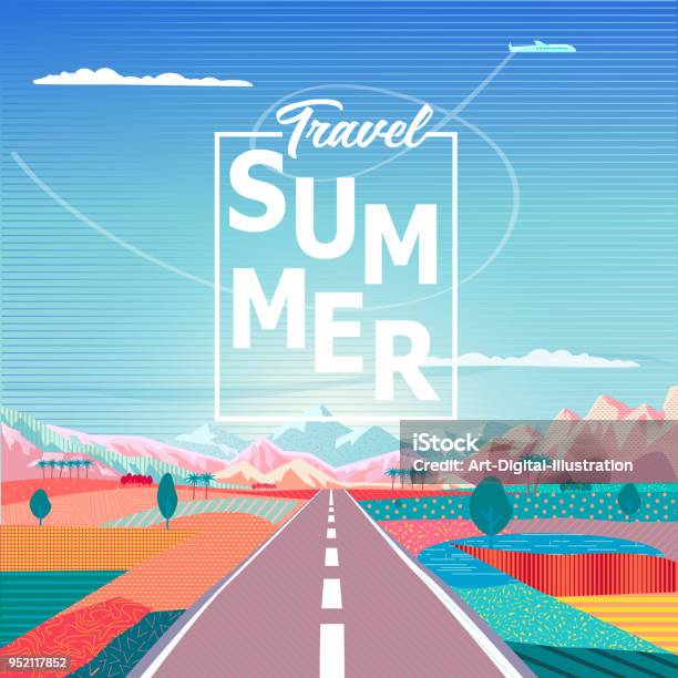 Road Trip To Rocky Mountains Exotic Landscape Summer Travel Adventure In Nature Stock Illustration - Download Image Now