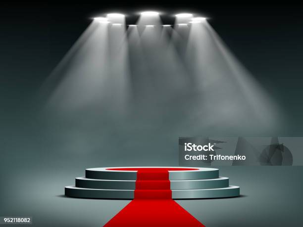 Ilustración de Podium Redondo Iluminado Por Reflectores y más Vectores Libres de Derechos de Alfombra roja - Alfombra roja, Podio del ganador, Fondos