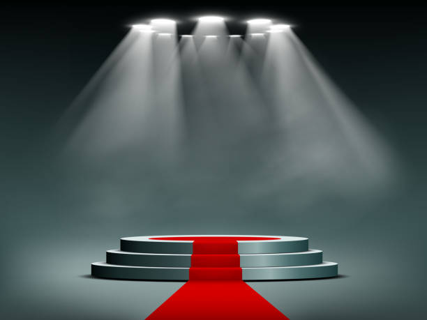 ilustrações de stock, clip art, desenhos animados e ícones de round podium illuminated by searchlights - tapete vermelho