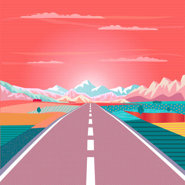 Road trip to rocky mountains Travel landscape, Summer sunset - Adventure in Nature poster Road trip to rocky mountains exotic paradise landscape, rural fields, rugged mountains, campgrounds. Summer sunset sky painting poster. Adventure in Nature, Traveling, Voyage, vector illustration, flat design, tropical beach and clouds scene stock illustrations