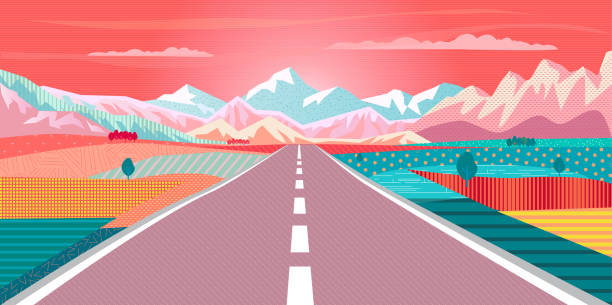 Road trip to rocky mountains exotic landscape, Summer sunset - Adventure in Nature Road trip to rocky mountains exotic paradise landscape, rural fields, rugged mountains, campgrounds. Summer sunset sky painting poster. Adventure in Nature, Traveling, Voyage, vector illustration, flat design, travel backgrounds stock illustrations
