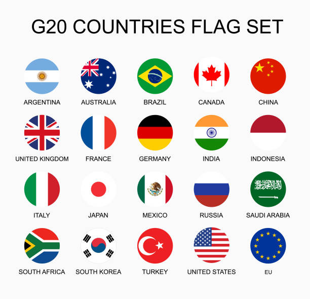 g 20 국가 구성원의 평면 다채로운 벡터 원 플래그를 설정 합니다. 국가의 그룹입니다. - canadian flag flag national flag japan stock illustrations