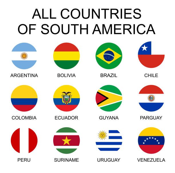 벡터 일러스트 레이 션 남아메리카의 모든 플래그. 남아메리카의 모든 국가 둥근 모양 플래그. - uruguay stock illustrations