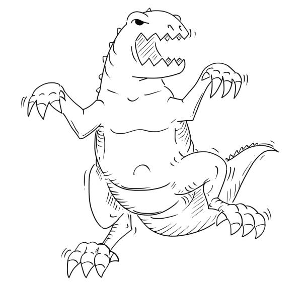 Cartoon of Monster Tyrannosaur or Dinosaur Godzilla Like Creature Cartoon drawing conceptual illustration of jurassic tyrannosaur or godzilla like dinosaur monster creature. godzilla vector stock illustrations