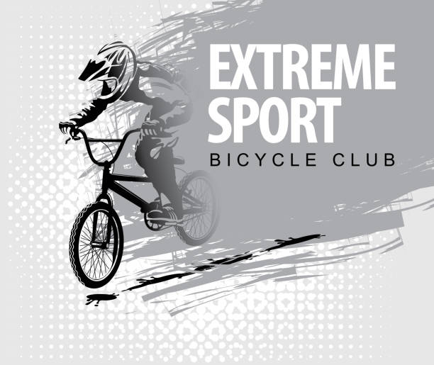 illustrazioni stock, clip art, cartoni animati e icone di tendenza di parole sport estremo e un ciclista in bici - bmx cycling