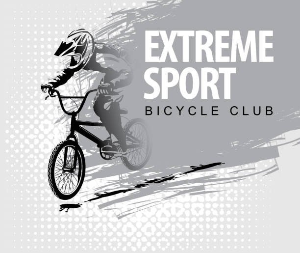 words Extreme sport and a cyclist on the bike Vector banner or flyer with words Extreme sport and a cyclist on the bike. Abstract poster for bicycle club and promoting extreme mountain biking bmx racing stock illustrations