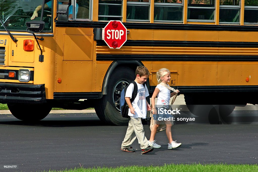 Children Coming Home From School  School Bus Stock Photo