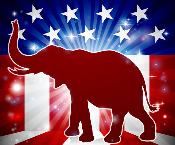 Political Mascot Republican Elephant An elephant in silhouette with trunk in the air and an American flag in the background republican political mascot gop debate stock illustrations