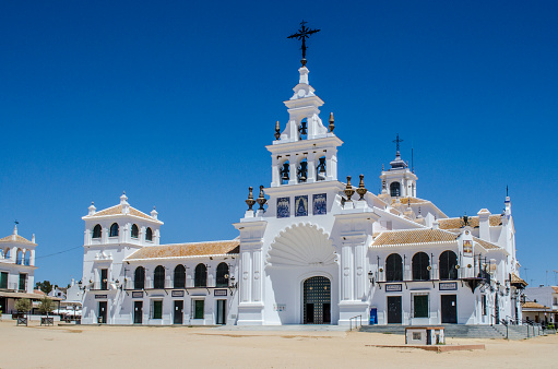 The Hermitage of El Rocío. The Church is home to the Virgin of El Rocío in the countryside of Almonte, Province of Huelva, Andalusia, Spain