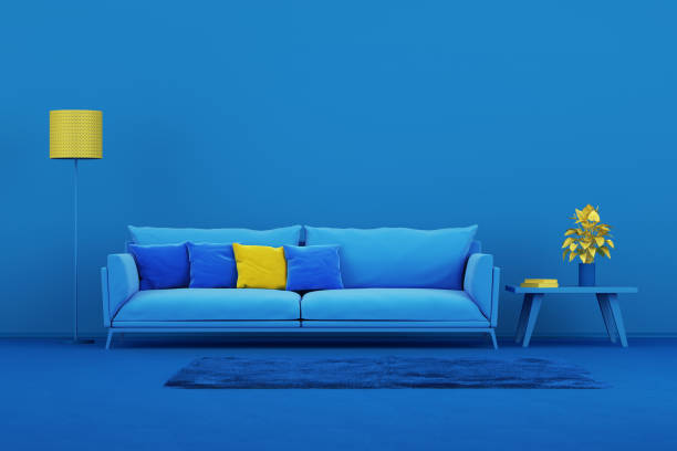 Interior design minimal style concept Blue modern sofa in blue living room blue interiors stock pictures, royalty-free photos & images