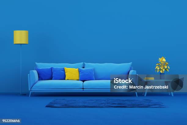 Interior Design Minimal Style Concept Stock Photo - Download Image Now - Blue, Three Dimensional, Living Room