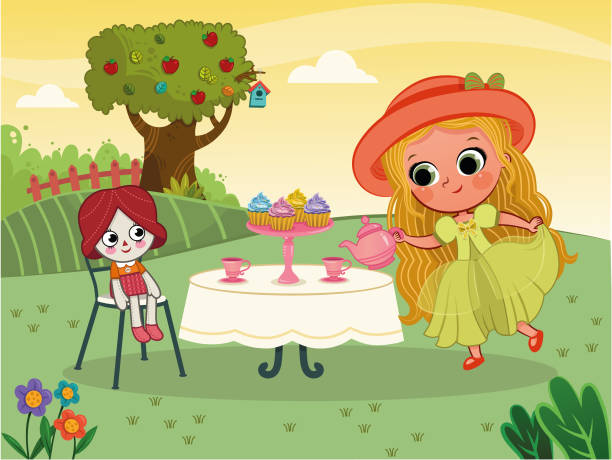 ilustraciones, imágenes clip art, dibujos animados e iconos de stock de niña tiene una fiesta de té con su muñeca. - tea party little girls teapot child