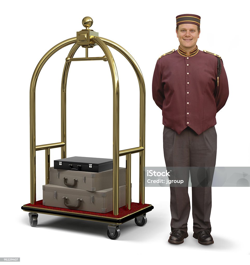 Bellhop con carrito para equipaje - Foto de stock de Botones libre de derechos