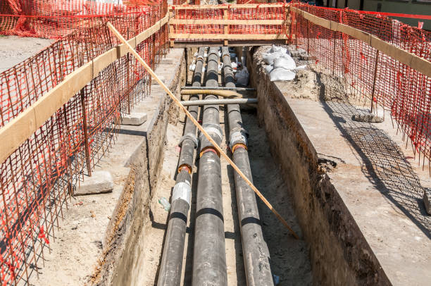 istock City district heating pipeline reparation and reconstruction parallel with the street with orange construction safety net or barrier around the excavation site with pipes 952297790
