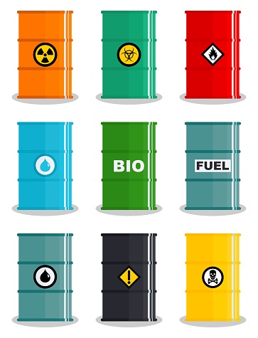 Industry concept. Set of different illustration silhouettes barrel for various liquids: water, oil, biofuel, explosive, chemical, radioactive, toxic, hazardous, dangerous, flammable and poisonous substances and liquids. Vector illustration