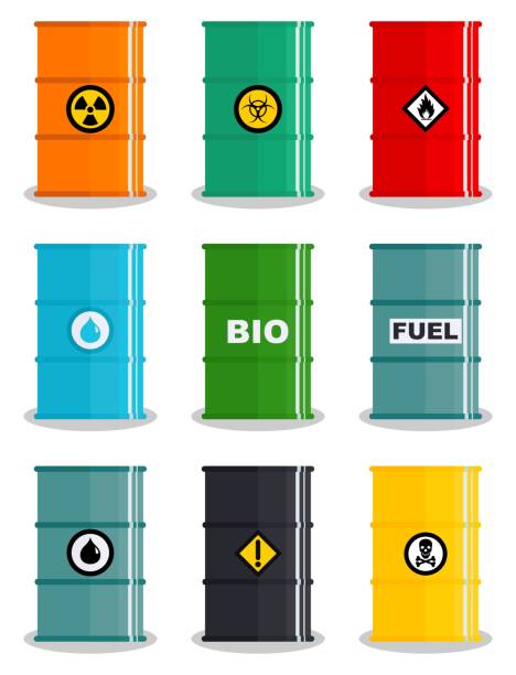 Industry concept. Set of different illustration silhouettes barrel for various liquids: water, oil, biofuel, explosive, chemical, radioactive, toxic, hazardous, dangerous, flammable and poisonous substances and liquids. Vector Industry concept. Set of different illustration silhouettes barrel for various liquids: water, oil, biofuel, explosive, chemical, radioactive, toxic, hazardous, dangerous, flammable and poisonous substances and liquids. Vector illustration drum container stock illustrations
