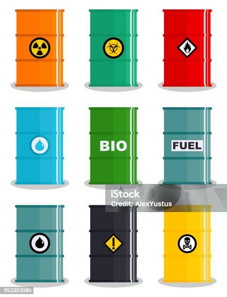 Industry Concept Set Of Different Illustration Silhouettes Barrel For Various Liquids Water Oil Biofuel Explosive Chemical Radioactive Toxic Hazardous Dangerous Flammable And Poisonous Substances And Liquids Vector Stock Illustration - Download Image Now