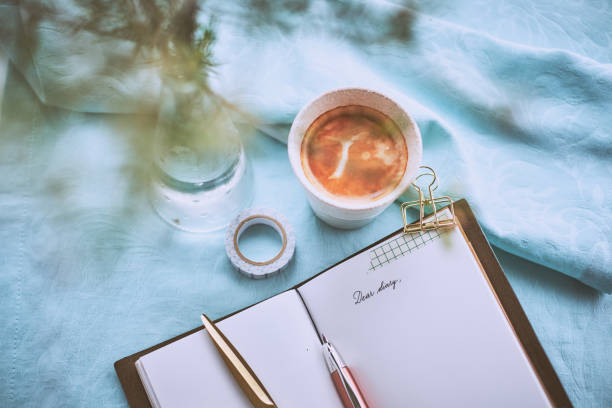 istock Diary and a cup of coffee on a turquoise napkin 952308612