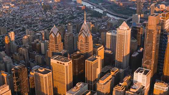 Aerial shot above the Center City, Philadelphia in the early morning. Shot in PA, USA.