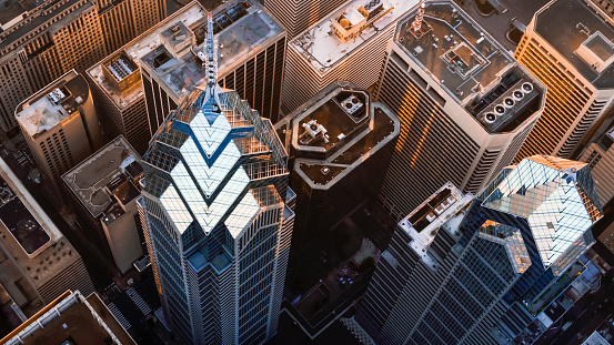 Aerial shot above the One and Two Liberty Place in Philadelphia early in the morning. Shot in PA, USA.