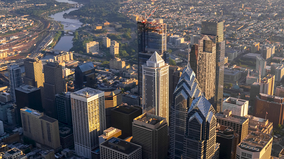 Aerial shot of the Center City in Philadelphia, Pennsylvania on a sunny day. Shot in USA.